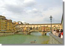 Vecchio bridge over Arno river is the oldest in Florence, built in 1345. It is not noticed as a bridge until surrounding shops end because there are shops on both side of the bridge such as jewelry shop of gold and silver work.