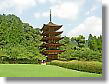 Beauty of Five-Storied Pagoda impresses with deep green. Built in 1442. 31.2 m high. Cypress skin roof inclination is not steep. Counted as one of 3 famous pagodas in Japan.